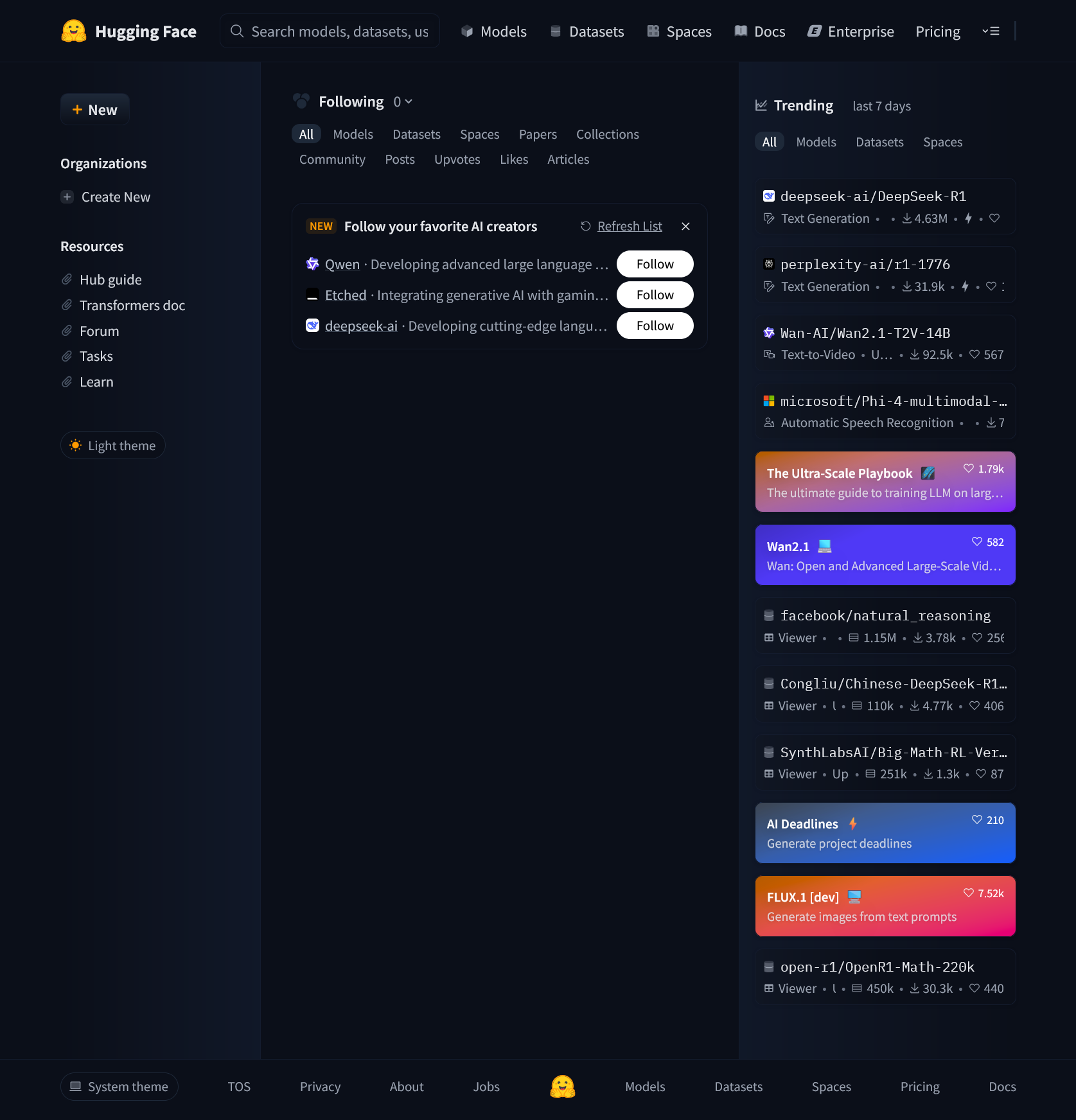 Screen shot of the HuggingFace web site.